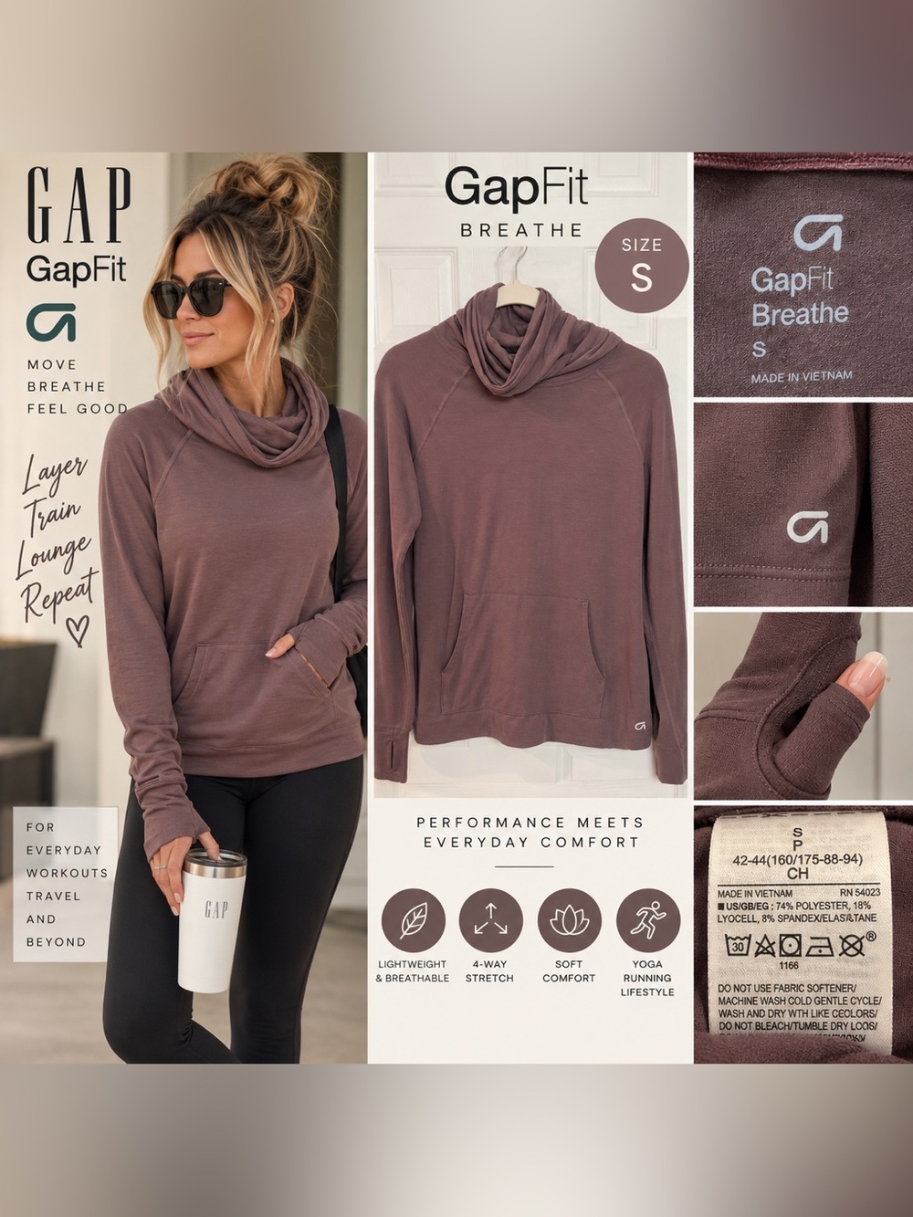 GapFit Breathe Cowl Neck Hoodie Size Small Mauve Purple Thumbholes